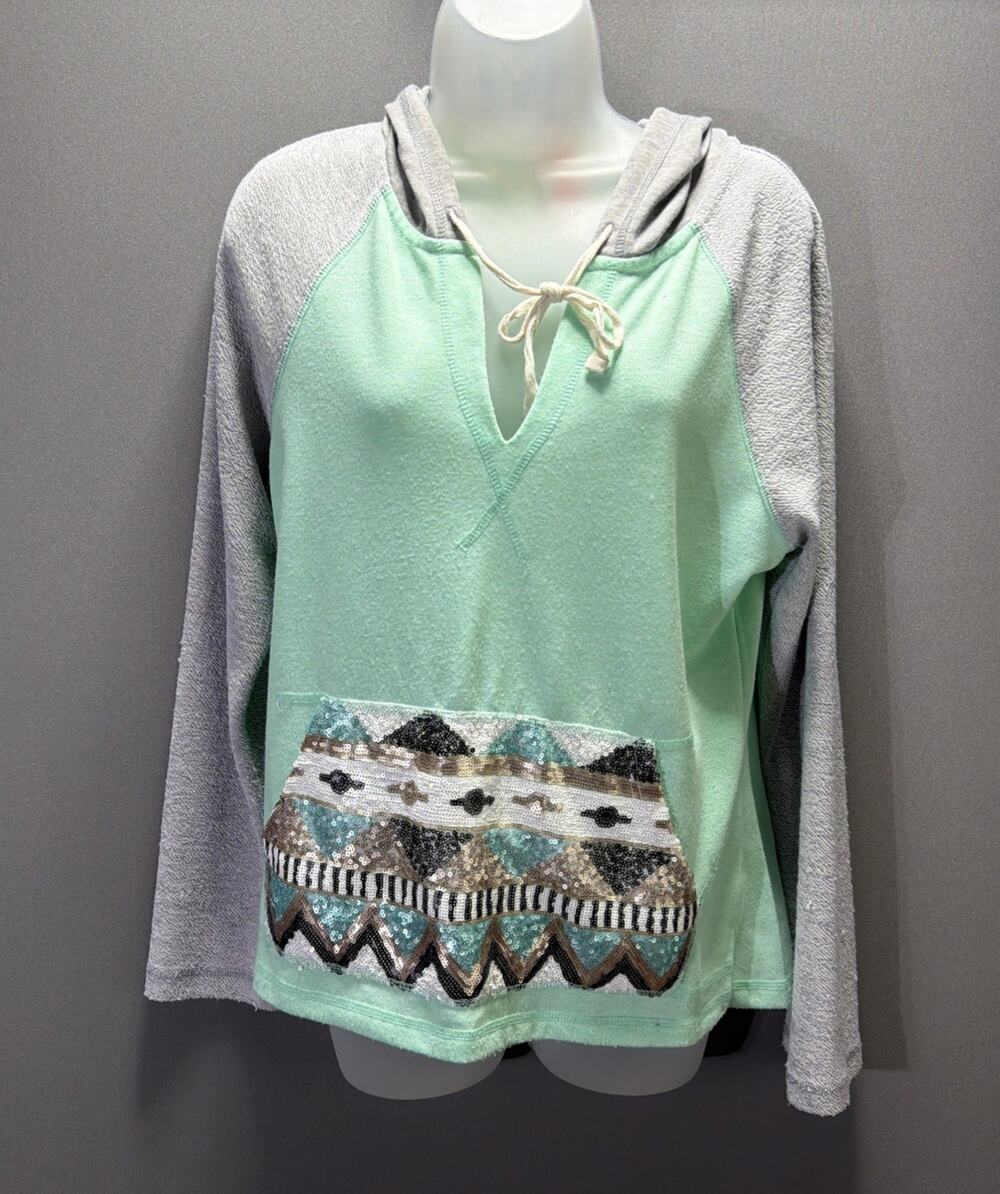 Fashionomics Women’s Medium Green Gray Aztec Print Sequin Pocket Terry Hoodie